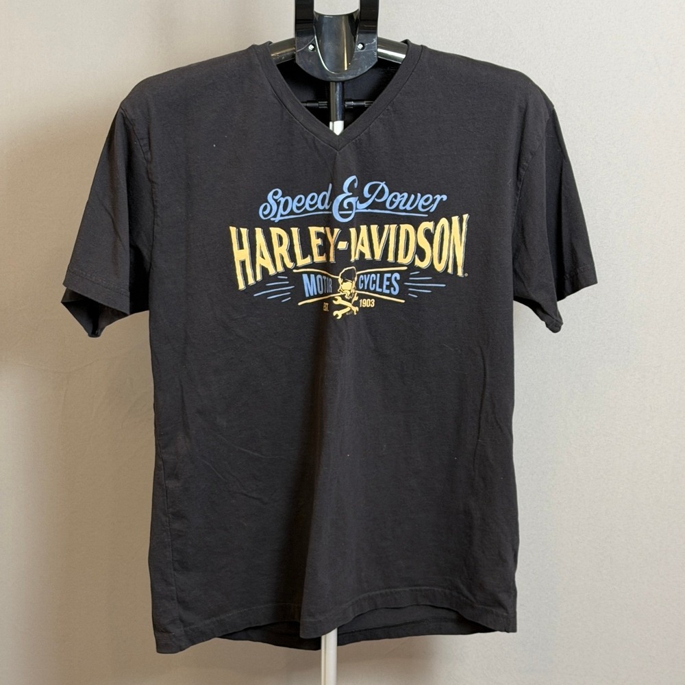 Harley-Davidson Shirt Mens Large Black V-Neck Speed Power Motorcycles Tee